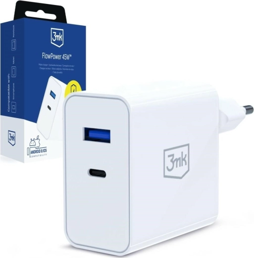 Netzladegerät 3MK FlowPower 45 W PD 3.0 QC4+ USB-A/USB-C weiß