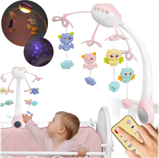 Roze mobiel voor boven het babybed met projector en afstandsbediening