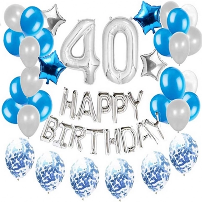 Kit de ballons pour un 40e anniversaire en argent et bleu - 45 pièces
