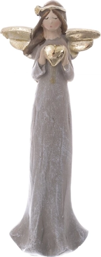 Angel figurine with heart made of polyresin, grey/gold, 15 cm