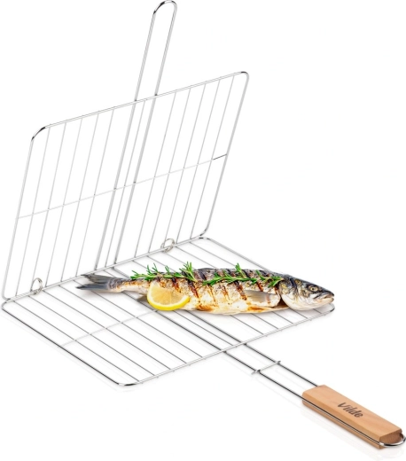 Grille de barbecue double face Vilde 33 × 29 cm avec poignée en bois