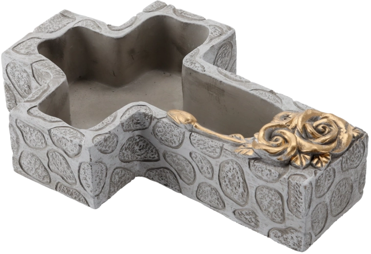 Cemetery cement bowl in the shape of a cross, gray with gold details 28 × 18 × 7.5 cm