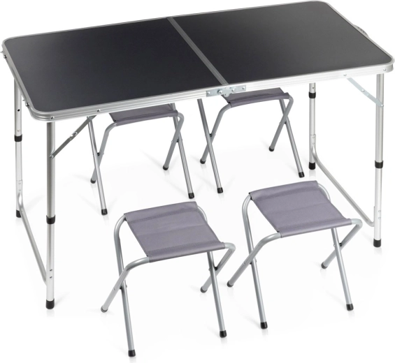 Vilde opvouwbare campingtafel met 4 krukjes, grafiet, in hoogte verstelbaar 120 × 60 cm