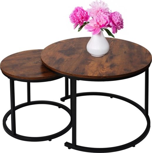 Ensemble de tables basses rondes 2 en 1 au style loft industriel, chêne antique