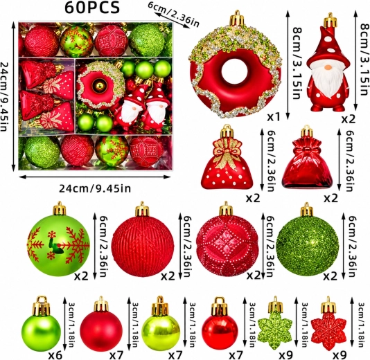 Christmas Unbreakable Tree Ornaments, Set of 60 Pieces