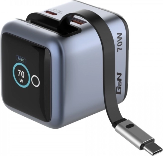 Verbatim mini GaN-oplader 70 W met uitschuifbare USB‑C-kabel en display