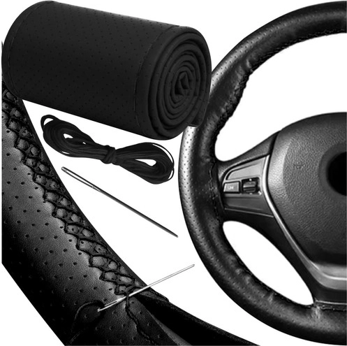 Black perforated steering wheel cover made from eco leather