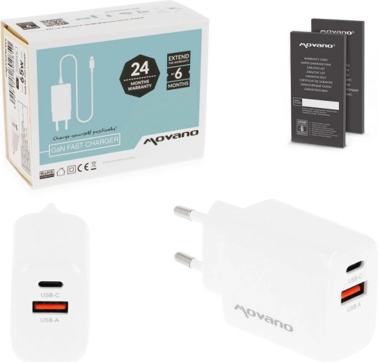 Movano GaN-Netzladegerät 20 W USB-C PD + USB-A weiß