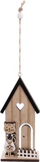 Hangende houten decoratie huisje met kat beige