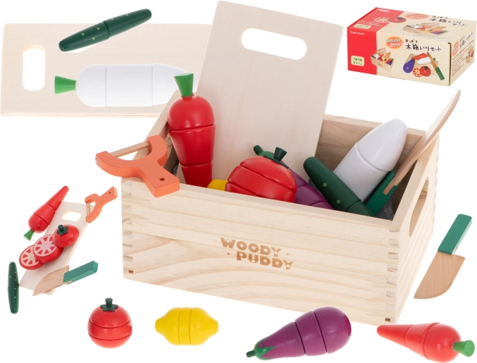 houten magnetische groenten om te snijden in een kistje met accessoires