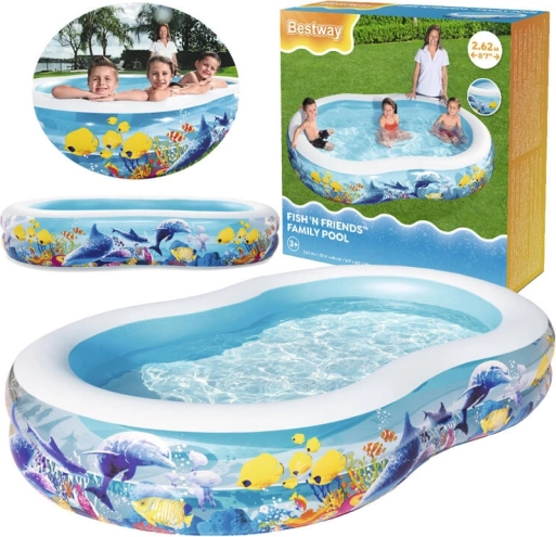 Opblaasbaar family-zwembad met oceaanmotief BESTWAY Fish 'n Friends 262 × 157 × 46 cm