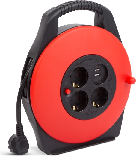 Kabeltrommel mit Kunststoffgriff, 3 Steckdosen und 2 USB-Anschlüssen, 10 m