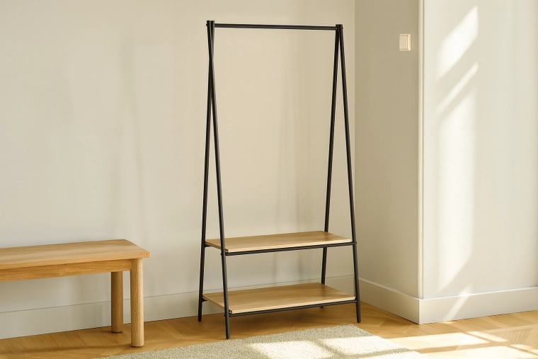 Free-standing clothes rack with 2 shelves 80 × 40 × 160 cm, metal and wood, loft design