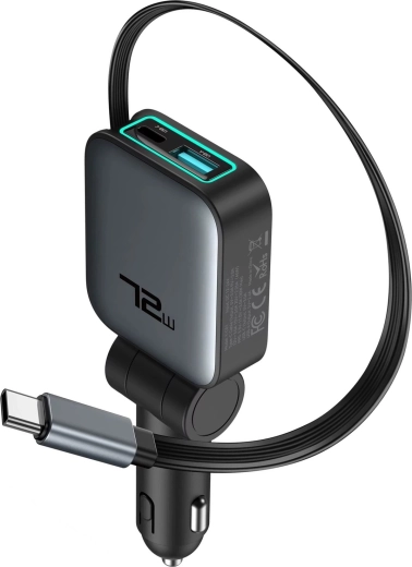 Auto-oplader Renew Force 3-in-1 72 W met oprolbare USB-C-kabel