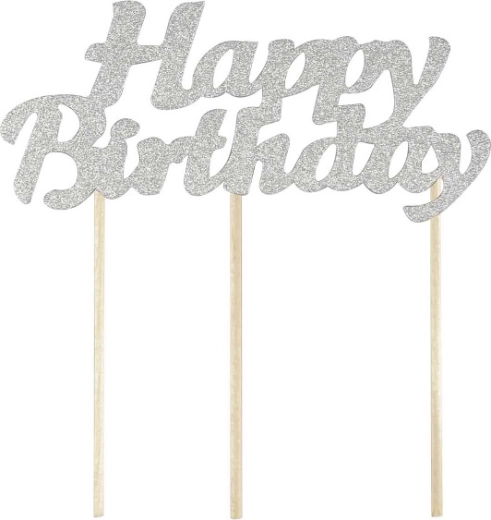 Silver Happy Birthday cake topper decoration