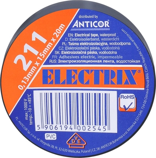 Ruban isolant électrique Solight 15 mm x 0,13 mm x 20 m noir
