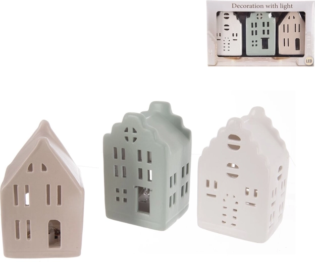 Porcelain LED houses, set of 3 pcs