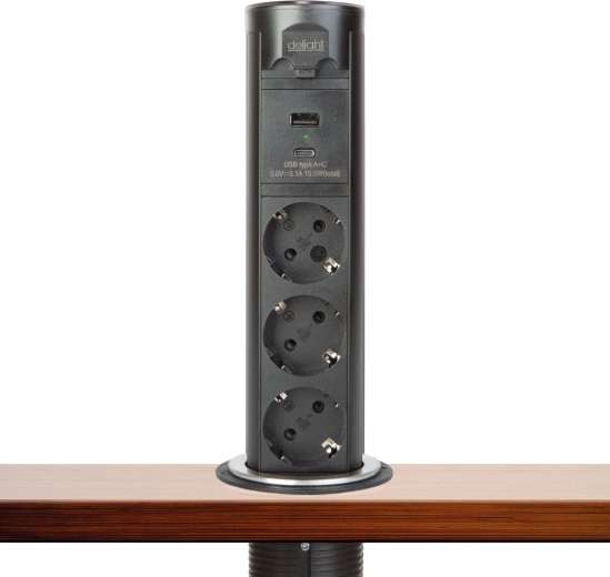 Motorized retractable pop-up power strip Touchcontrol with 3 sockets, USB-A and USB-C, black