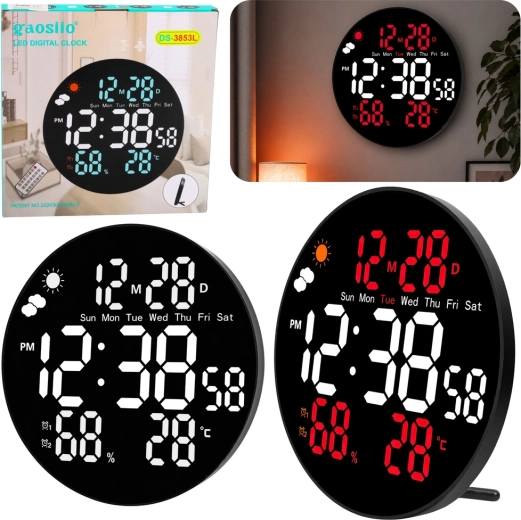 Gaosio digitale LED-Wanduhr 25 cm mit Temperatur, Luftfeuchtigkeit und Fernbedienung