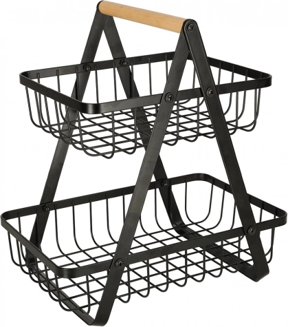 Twee‑laags metalen fruitmand met houten handvat, zwart