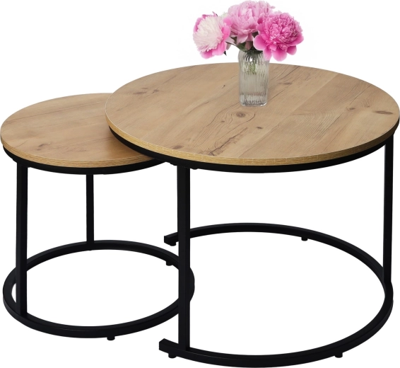 Set of round 2-in-1 coffee tables in loft style, light antique oak