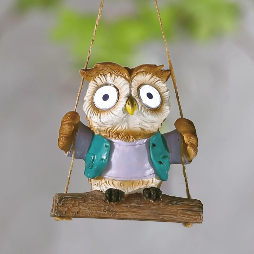 Hangende zonne-energiedecoratie uil met 2 witte leds