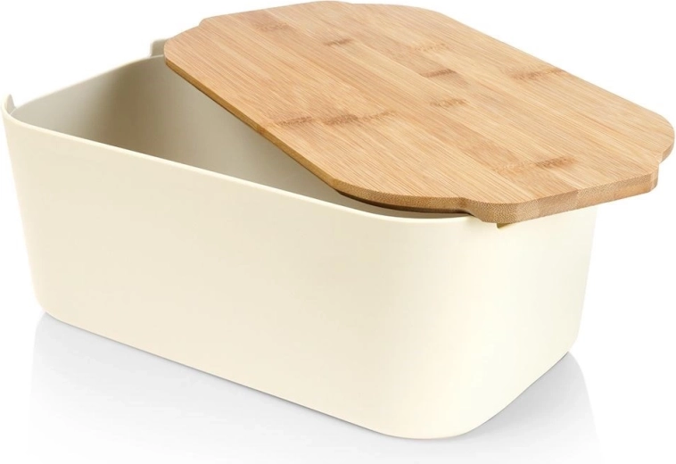 Crèmekleurige broodtrommel met bamboe snijplank