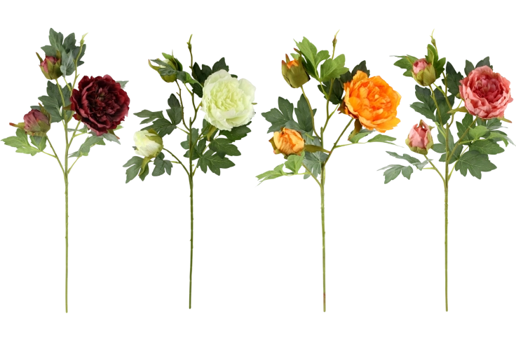 Artificial peony sprig with three flowers 66.5 cm, assorted colors