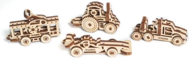 Ugears 3D wooden mechanical puzzle – set of 4 vehicle keychains