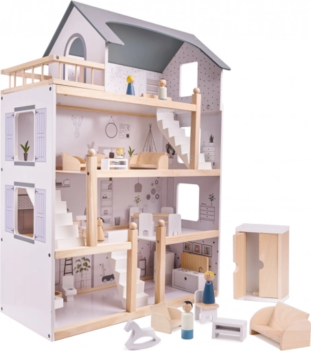 Maison de poupée en bois clair avec meubles - 80cm