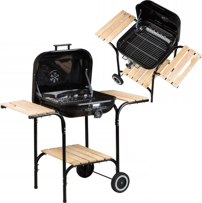 Large Garden Grill with Adjustable Grill Grate and Wooden Shelves