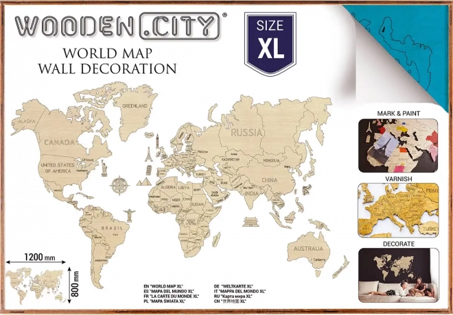 WOODEN CITY houten 3D-wereldkaart voor aan de muur XL – Blauw