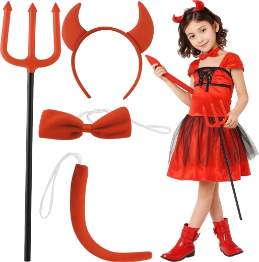 Kruzzel costume de petit diable – set de 4 accessoires (fourche, cornes, nœud papillon, queue)