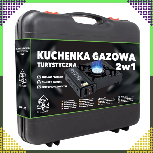 Portable 2-in-1 camping gas stove in a case