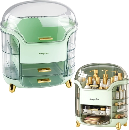 Large cosmetic organizer with drawers and a transparent lid, green - 1 piece
