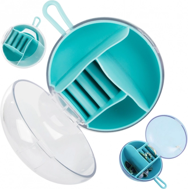 Travel round jewelry case with compartments