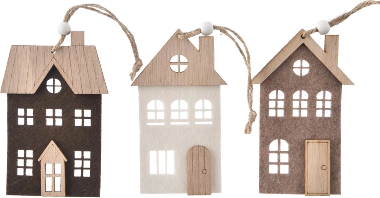 Décoration à suspendre : petite maison en bois et feutre 8 × 12 cm (assortiment de 3 variantes)