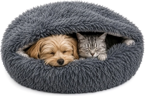 Purlov Plüschbett für Hund und Katze 70 × 60 cm 2-in-1 mit Kapuze, grau