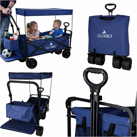 Opvouwbare transportwagen LUARO met dakje en net 120 l, donkerblauw