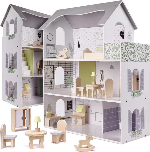 Houten poppenhuis met grijze accessoires