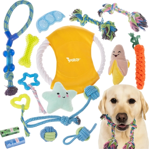 Purlov dog toy set 16 in 1 (chew toys and tug toys)