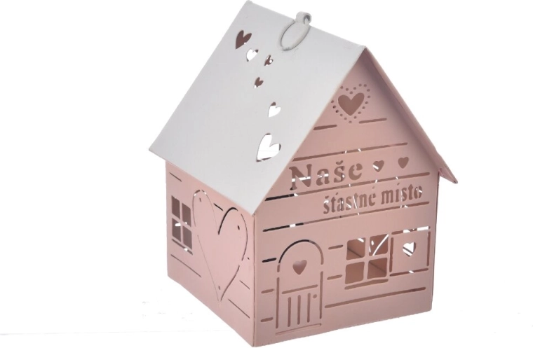 Roze metalen kaarshuisje met hart en opschrift „Onze“