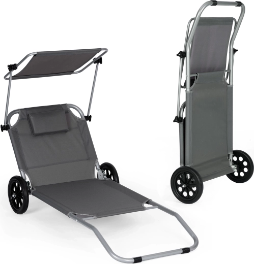 MultiGarden folding beach lounger on wheels with trolley function and canopy, gray