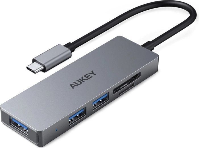 Hub USB‑C AUKEY ultra‑fin en aluminium 4‑en‑1 (3× USB 3.1, SD et microSD)
