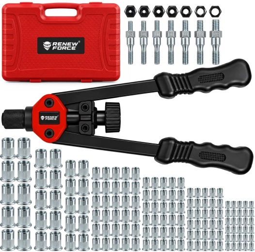 Riveteuse manuelle à levier pour écrous à sertir RENEW FORCE M3–M12 avec kit de 150 pcs et mallette - 1 pièce