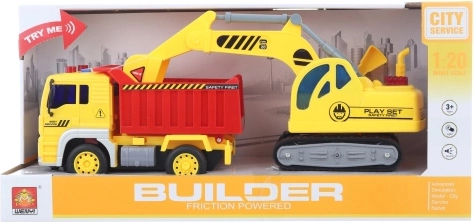 Battery-powered dump truck and excavator with lights and sounds