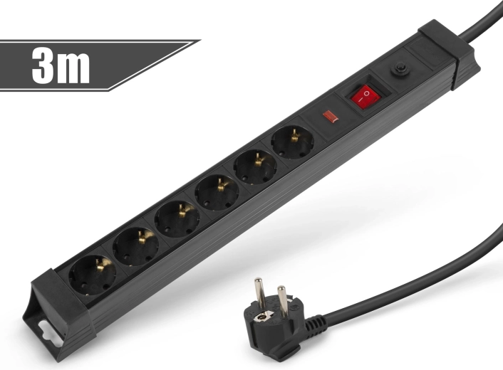 Black extension cable with 6 sockets, surge and overcurrent protection