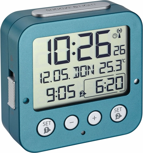 TFA digitaal radiogestuurde wekker met thermometer, turquoise