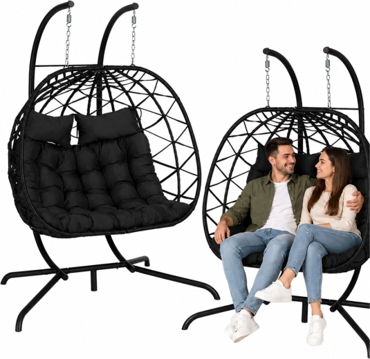 Two-seater hanging swing chair LEAN – garden cocoon with cushions, black
