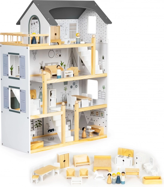 Maison de poupées avec ensemble de 17 pièces de meubles en bois ECOTOYS